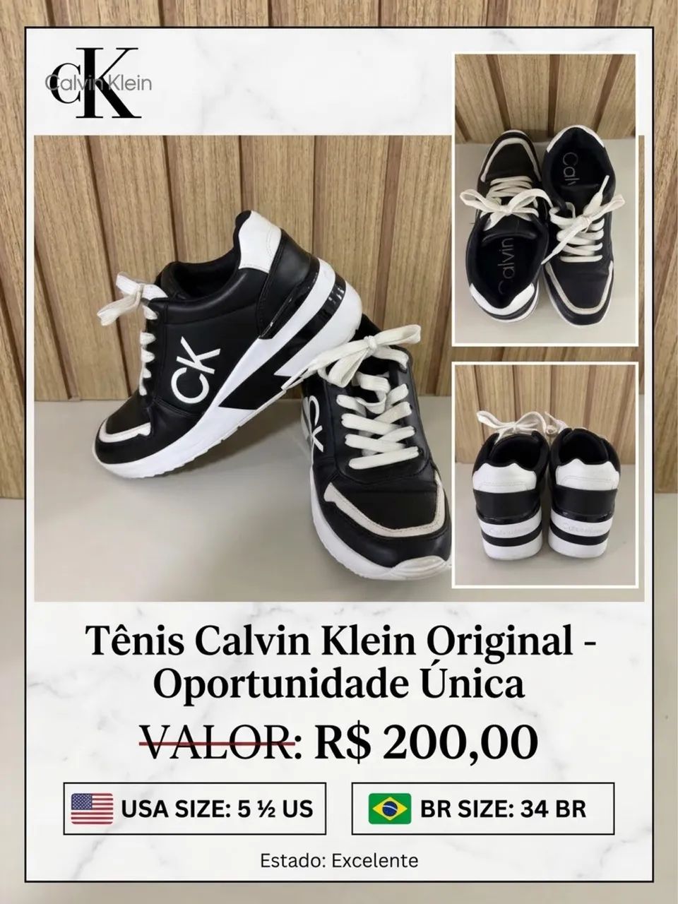Tenis couro original Calvin Klein com solado tipo plataforma/chunky