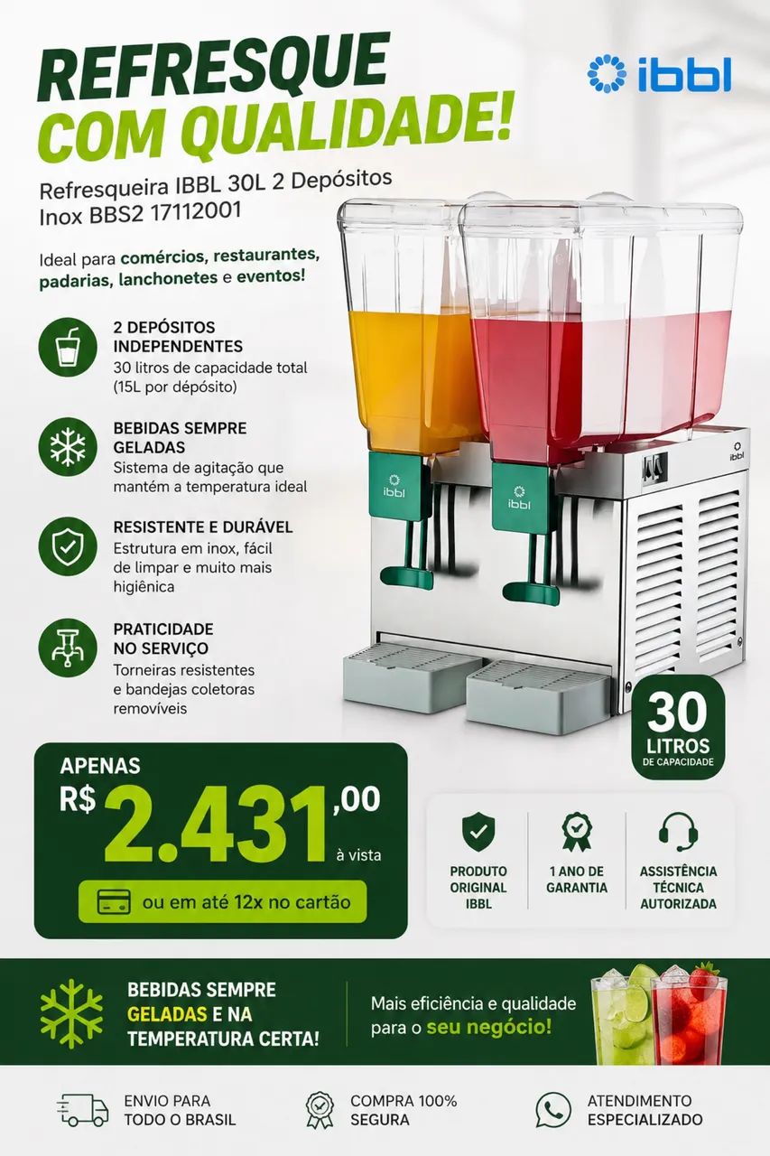     Refresqueira Industrial IBBL 30 Litros 2 Cubas Inox