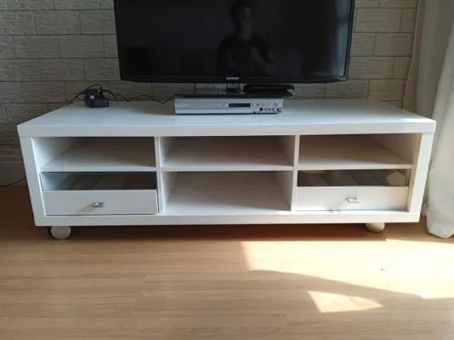 Rack c/ 2 gavetas 4 nichos e rodas em Madeira Branco 48 cm x 150 cm x 60 cm