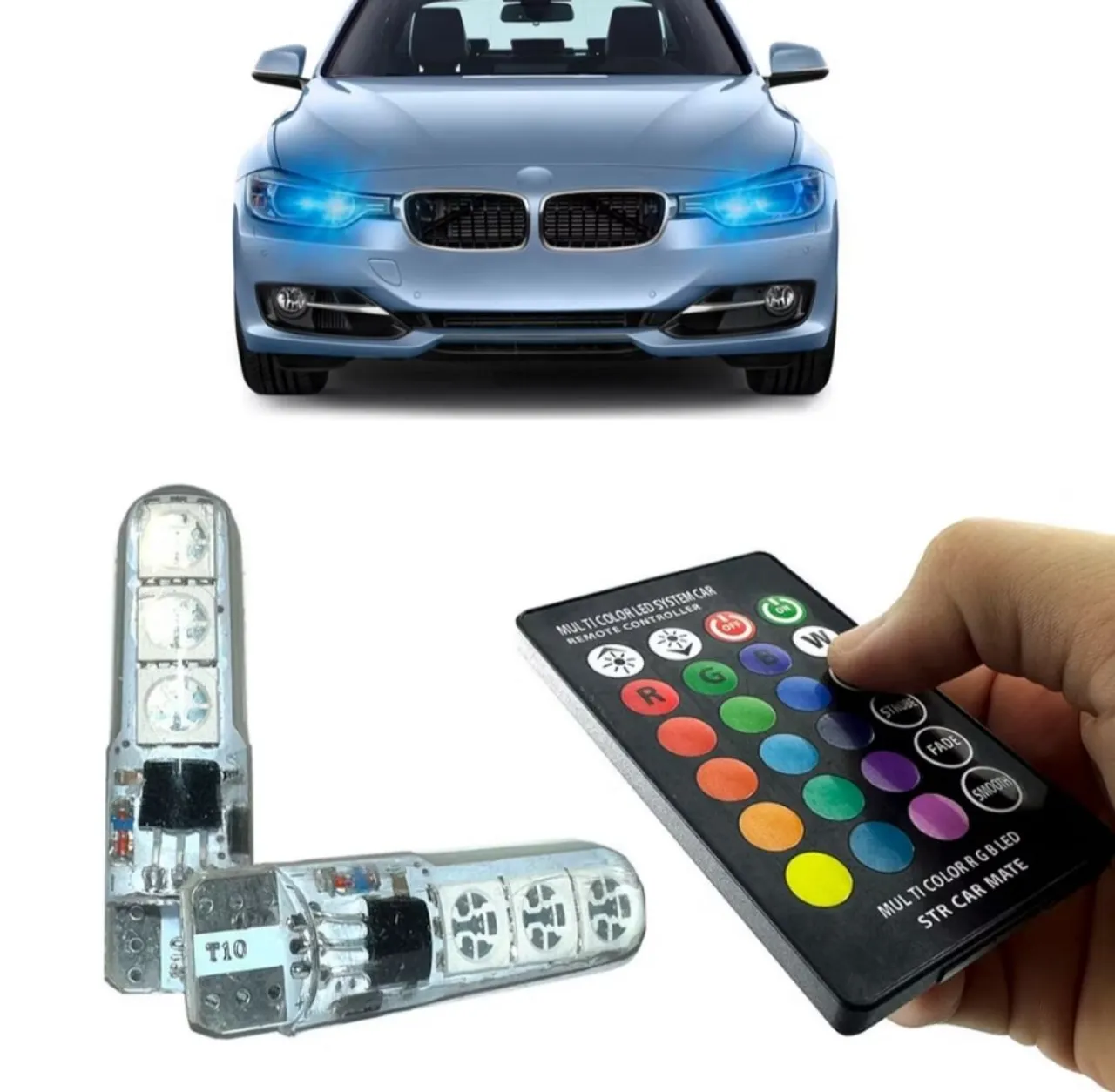 Kit Farol LED RGB T10 com Controle Remoto - Cores e Efeitos