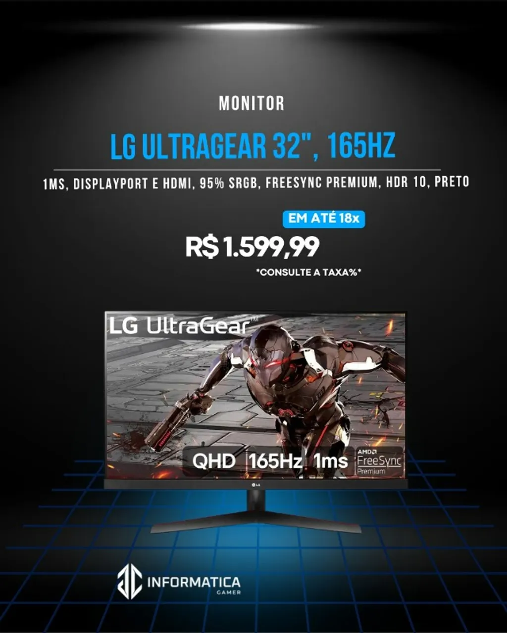 Monitor Gamer LG UltraGear 32", 165Hz, QHD, 1ms, DisplayPort e HDMI, 95% sRGB, FreeSync Pr