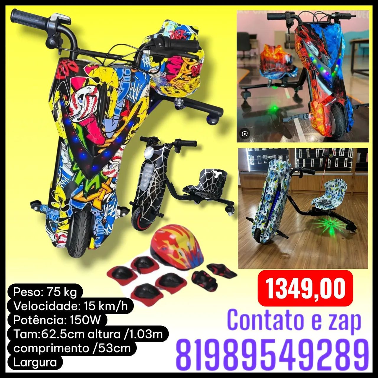 Patinete Triciclo Elétrico New Speed Drift Infantil 