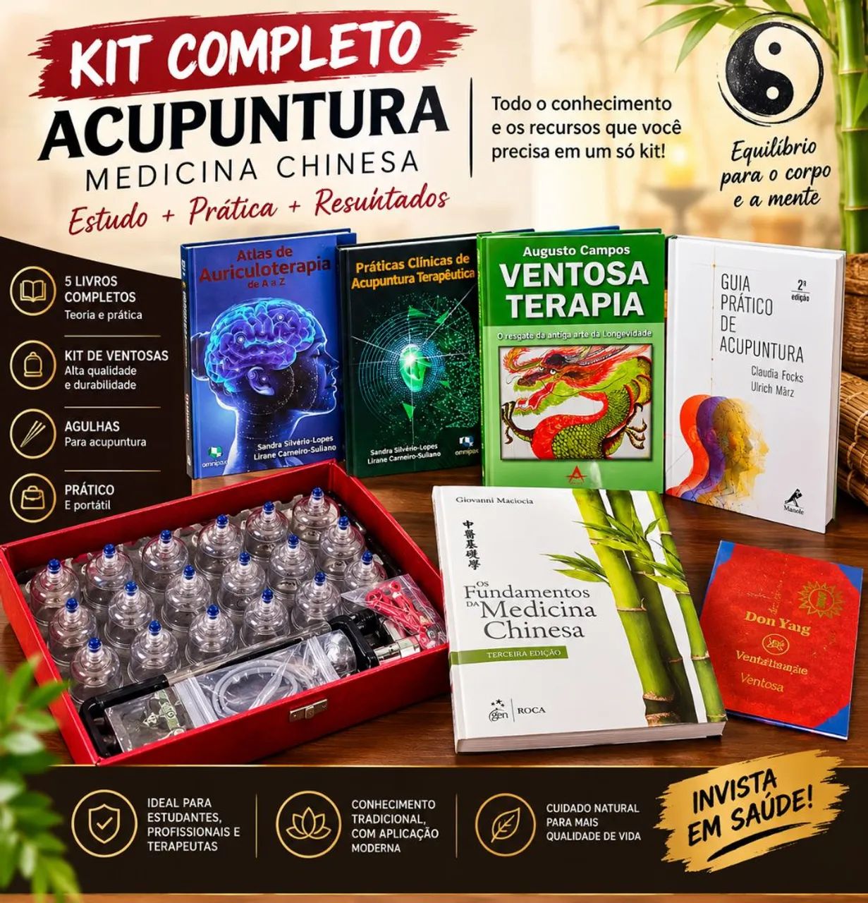 KIT ACUPUNTURA LIVROS E VENTOSA