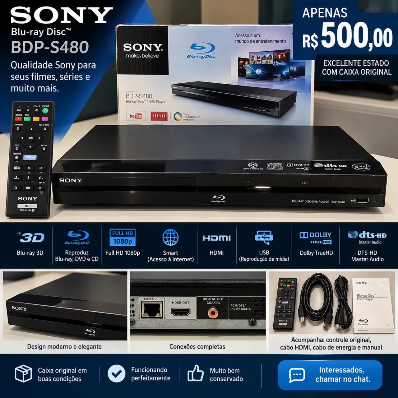Blu-ray Sony BDP-S480 3D Smart + Caixa Original