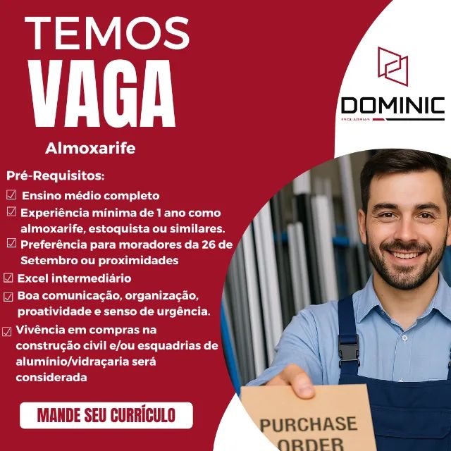 Vaga de Emprego para Almoxarife - 26 de Setembro