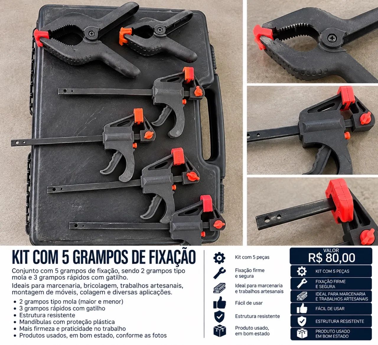 Kit com 5 Grampos de Fixação - Sargentos e Grampos Rápidos