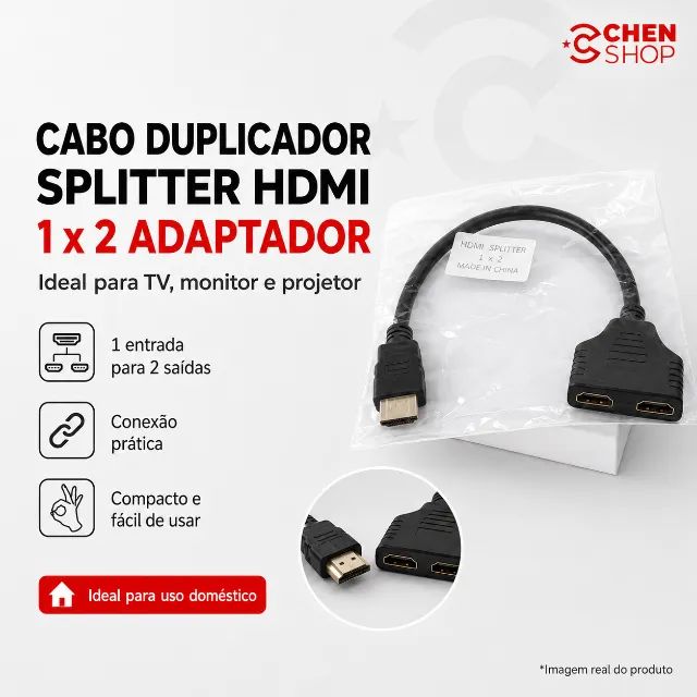 Cabo Duplicador Splitter HDMI 1x2 Adaptador para TV e Monitor