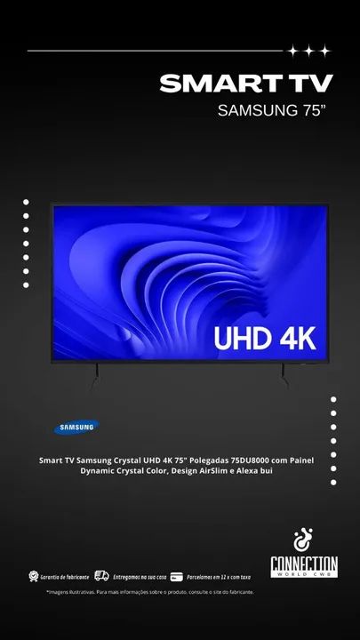 Smart TV Samsung Crystal UHD 4K 75 polegadas DU8000 - NOVA 
