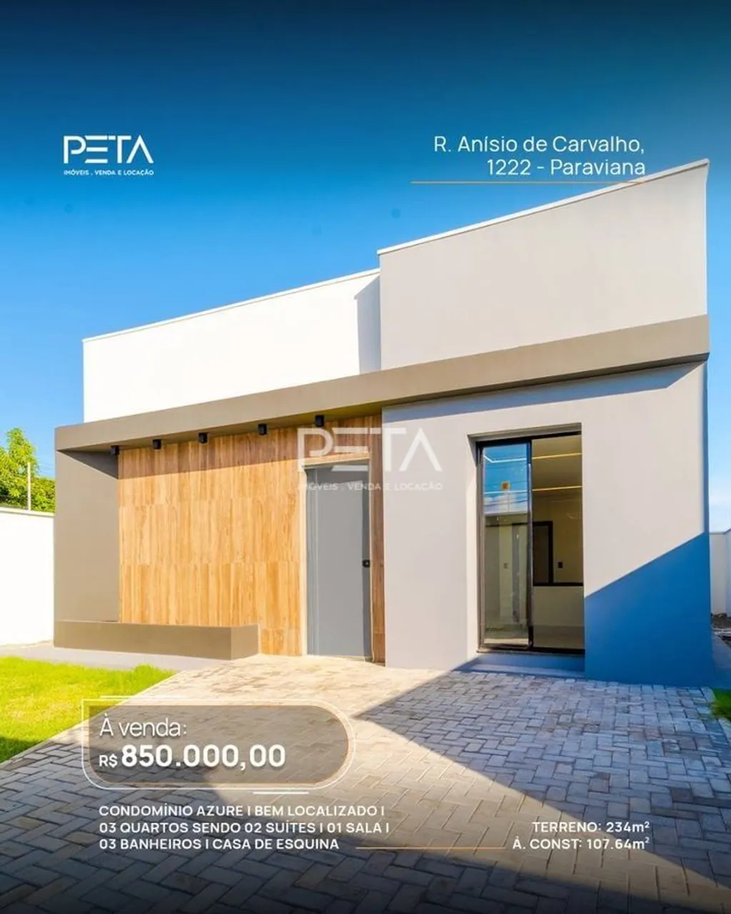 Residência nova de esquina, com 3 quartos ambientes integrados, garagem pra 2 carros no Pa