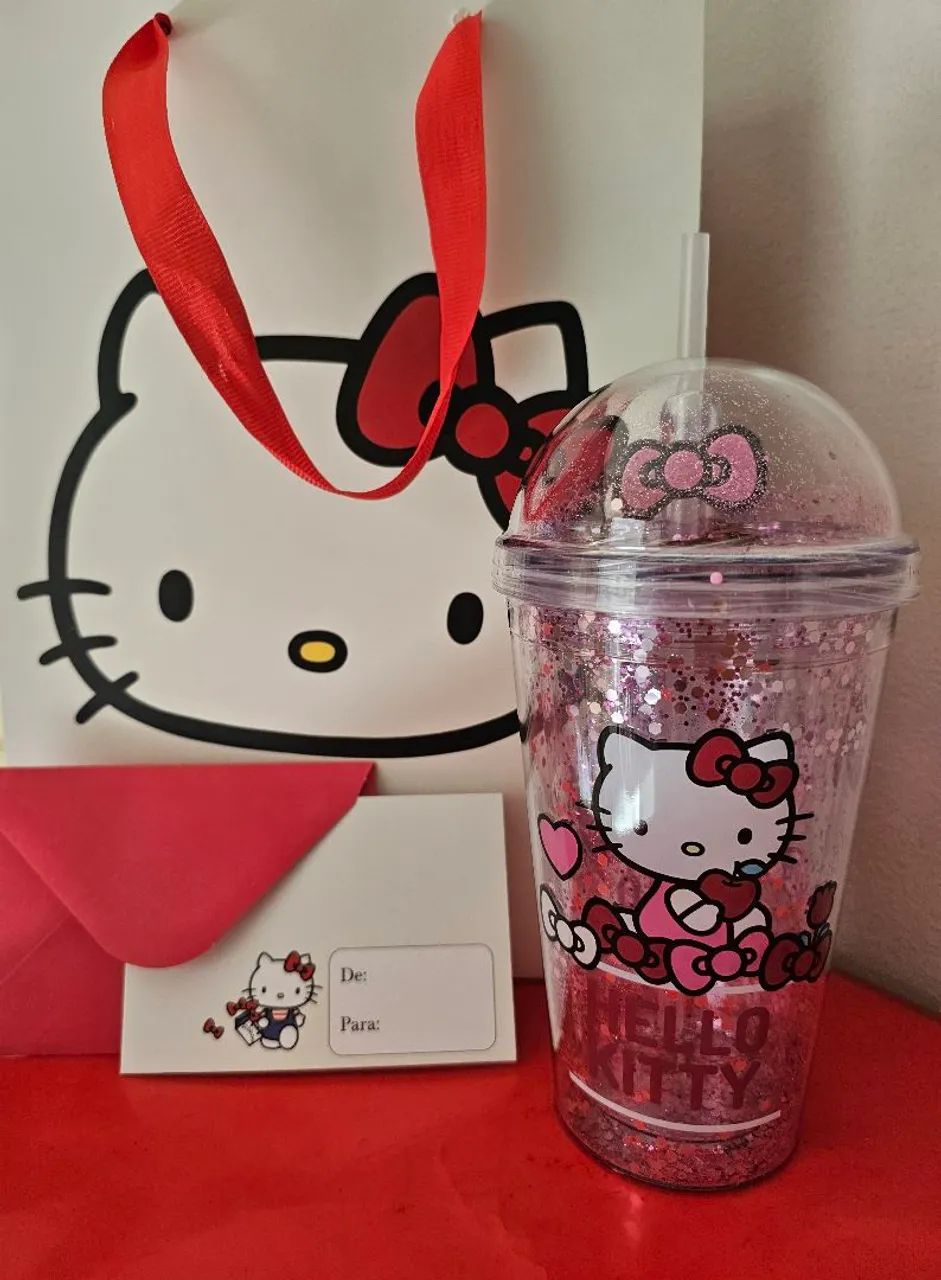 Copo Glitter Hello Kitty com Canudo e Sacola de Presente