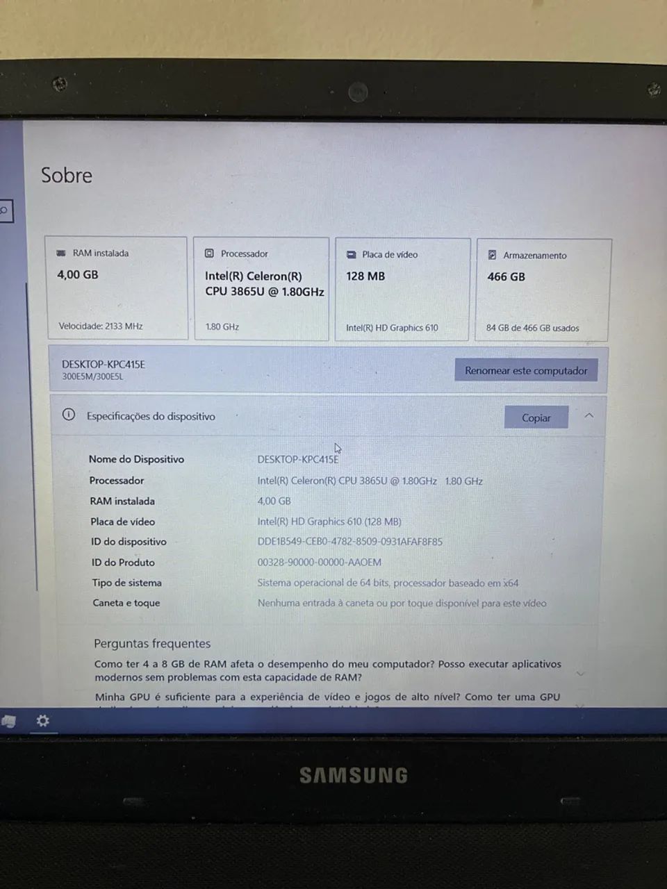 Notebook Samsung 15.6 | Celeron | 4GB ram | SSD 466GB