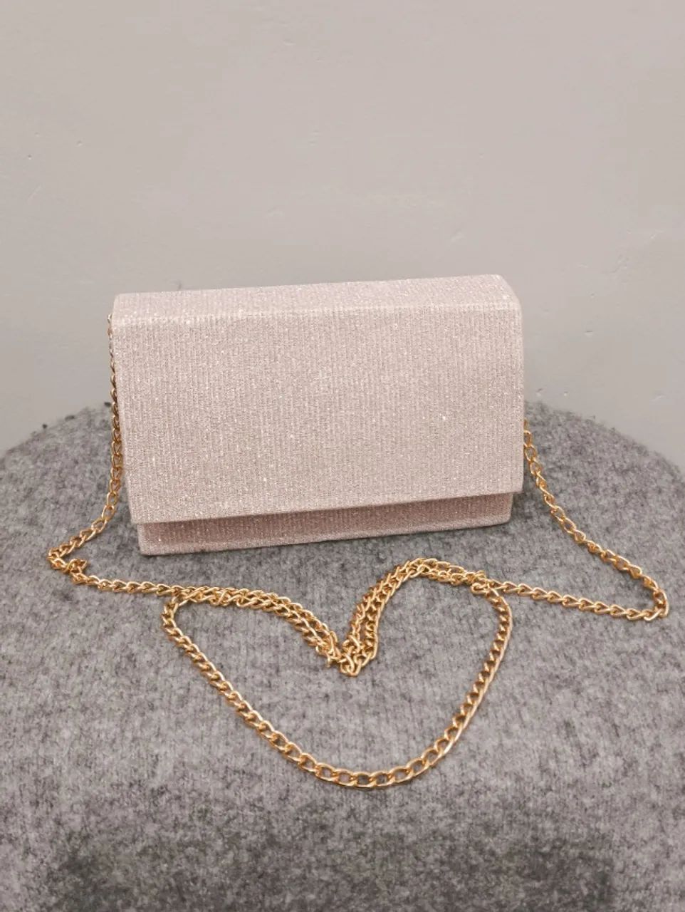 Bolsa Clutch de Festa Glitter Rosé com Alça Dourada