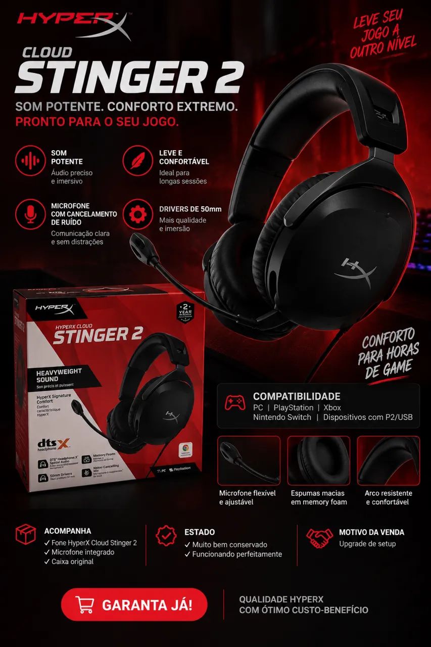 ? HyperX Cloud Stinger 2 à venda! ? Som potente, confortável e com microfone. 