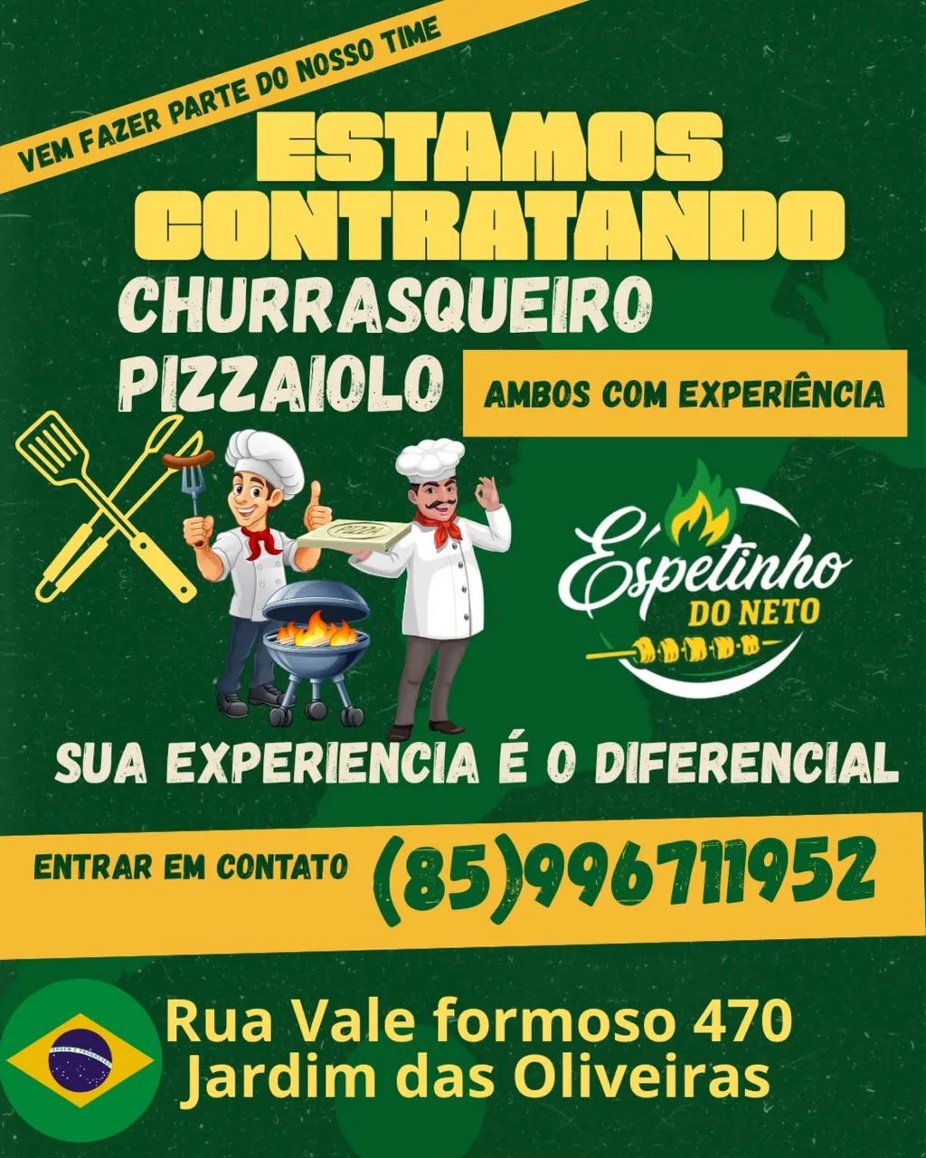 Vaga para churrasqueiro e pizzaiolo 