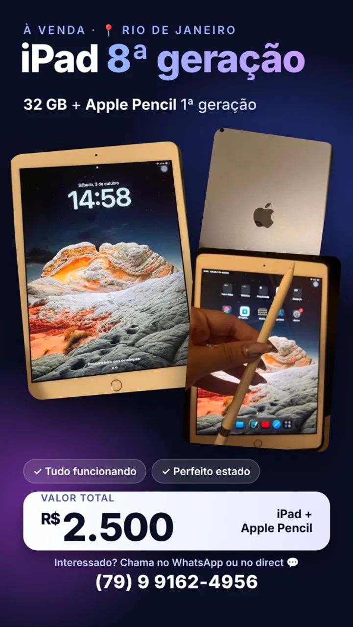 iPad 8 geração + Apple Pencil 1 geração 