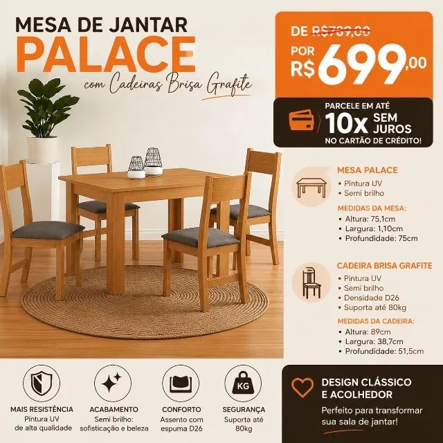 Mesa de Jantar Palace com Cadeiras Brisa Grafite