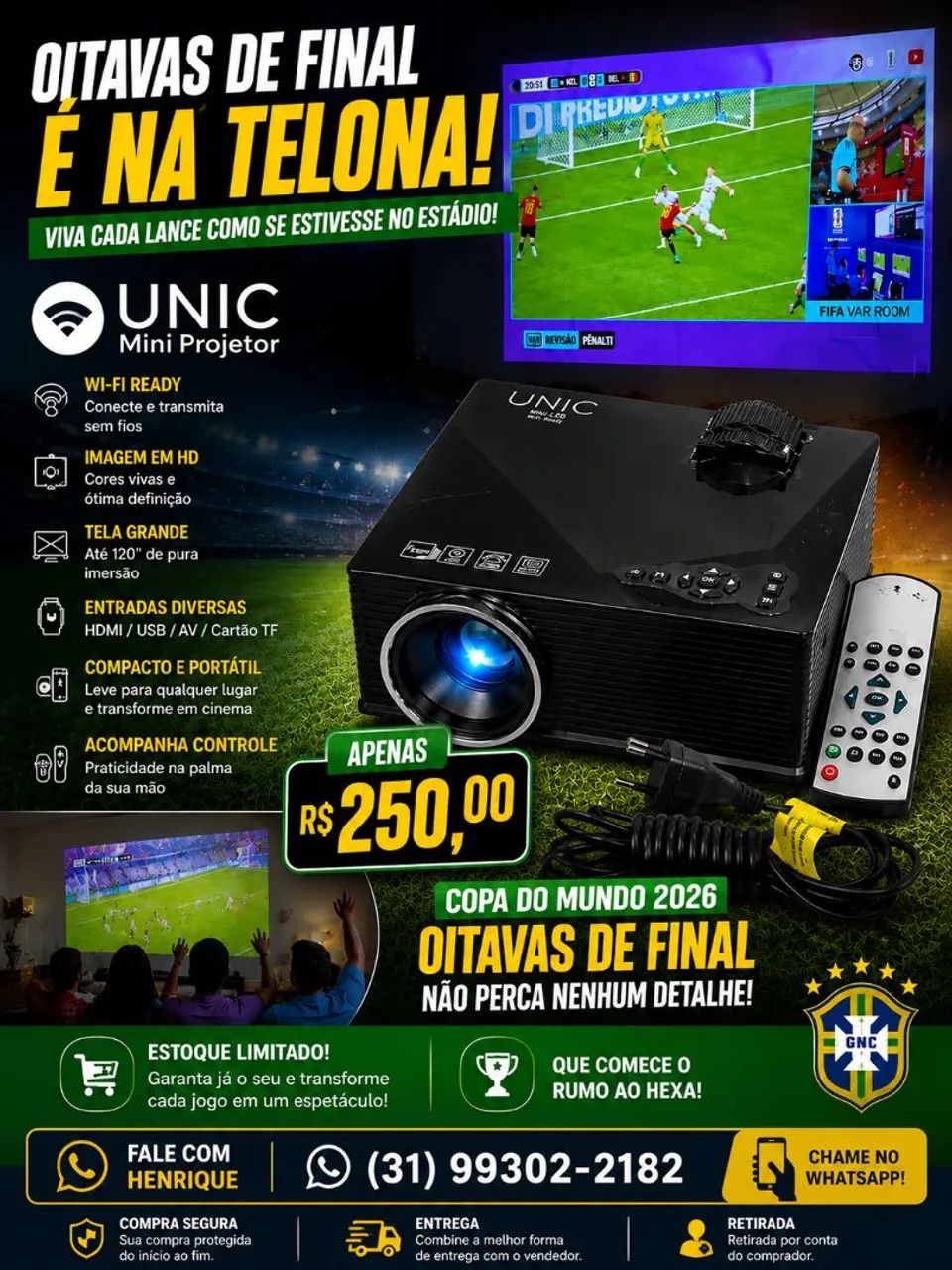 Mini Projetor LED UNIC UC46 Wi-Fi Ready - Pouquíssimo uso - Completo R$ 125,00