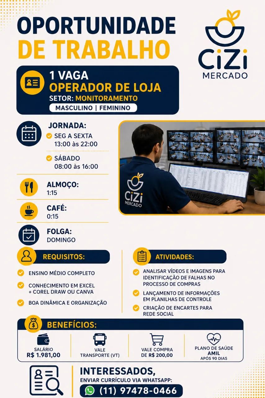 OPORTUNIDADE DE TRABALHO CIZI MERCADO - Foto 2
