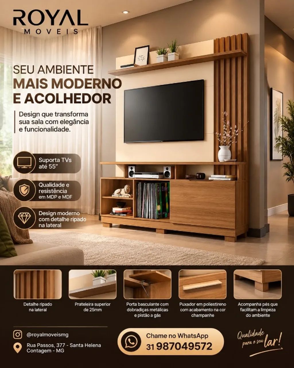 Home P/TVs Até 55 Polegadas Detalhe Ripado 1.60M. Produto Novo Direto de Fábrica.