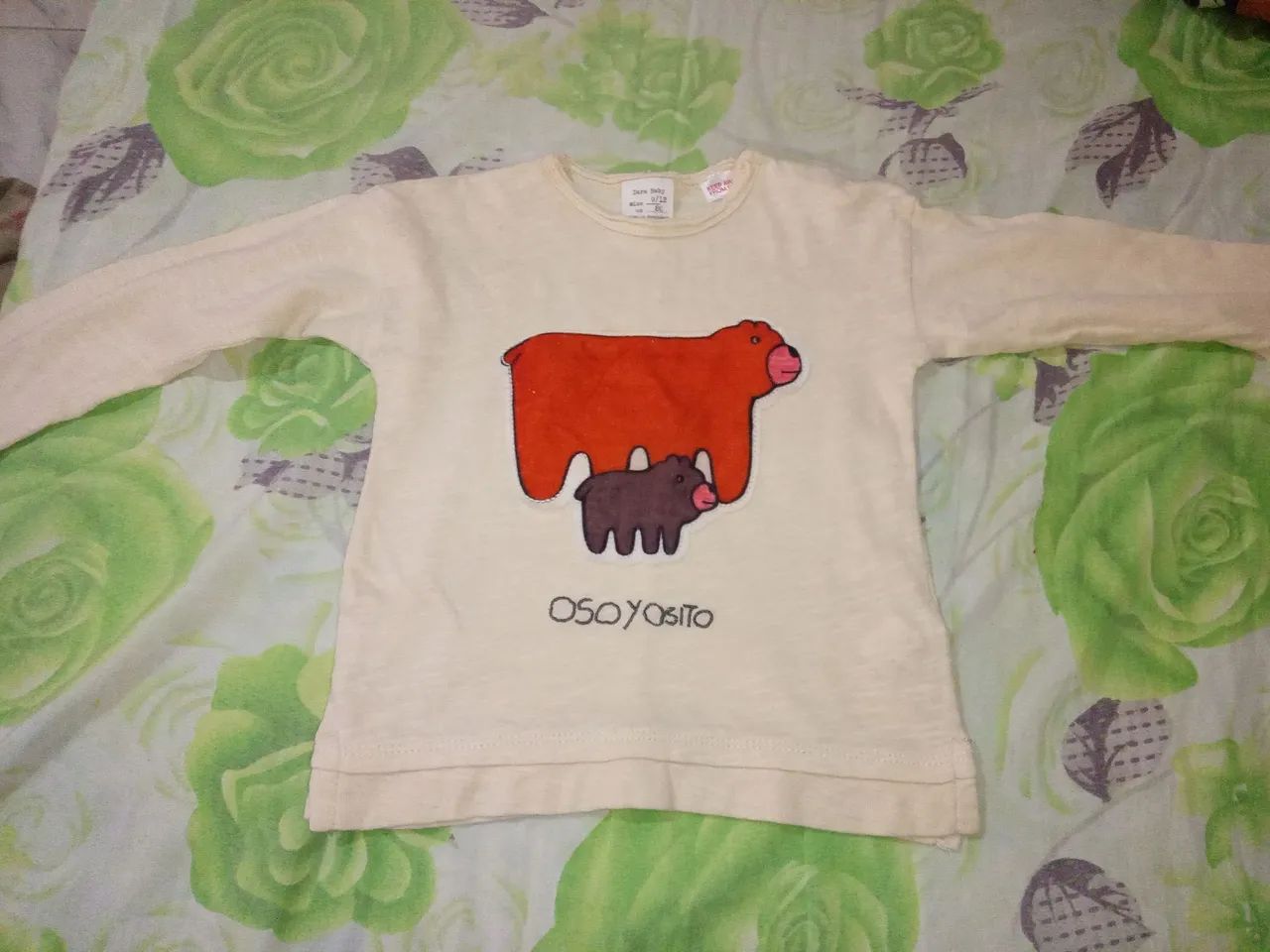 Camiseta Zara Bebê com Urso - Tamanho 9-12