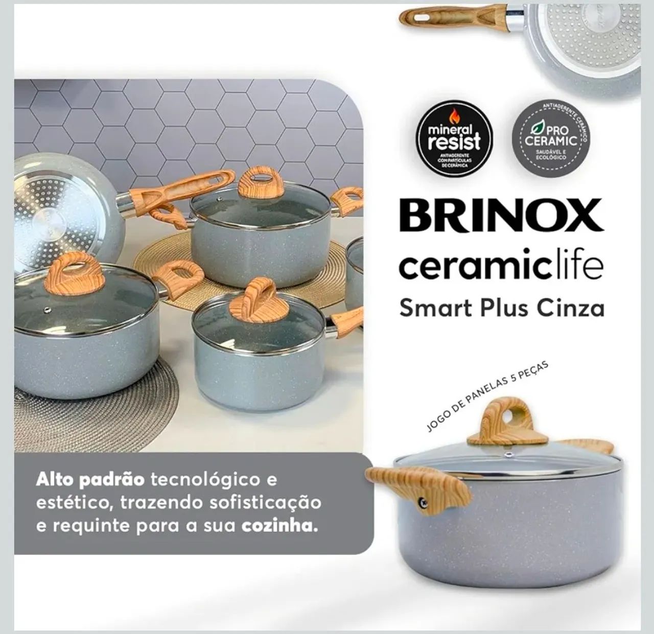 Jogo de Panelas Ceramic Life 5 Peças Smart Plus com Fundo de Indução - Cinza Wooden - Foto 4