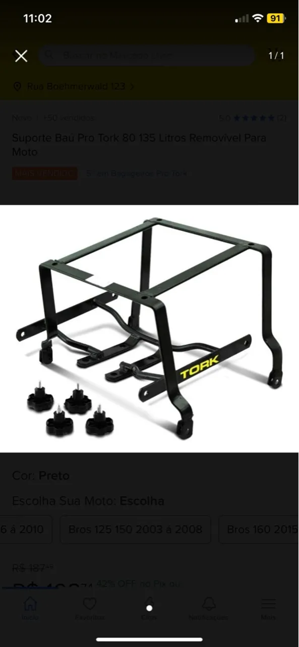 Suporte para Baú Pro Tork 80/135 Litros Removível P/ Titan 150, Fan e Start 160