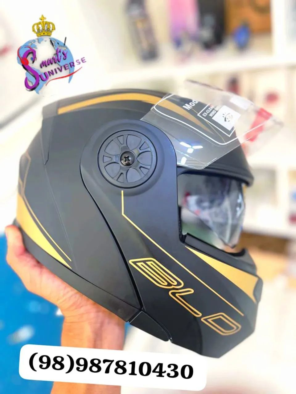 Capacete BLD Completo! viseira + Óculos Escamoteável odular Preto e Dourado