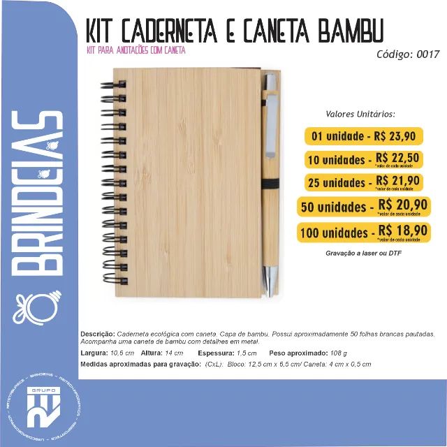 Kit Caderneta e Caneta Bambu Personalizados - Brindeias
