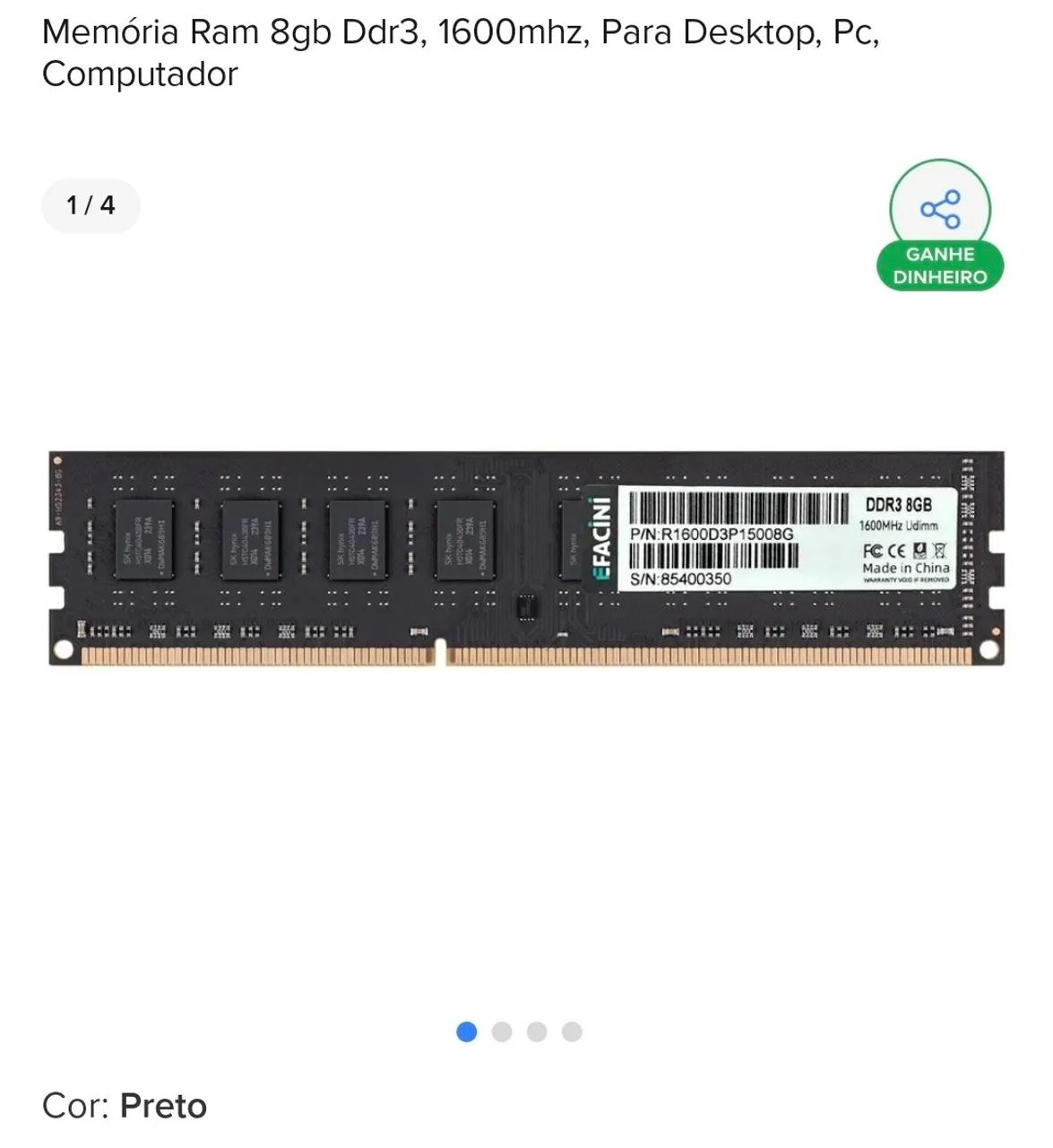 MEMÓRIA RAM 8GB DDR3 1600 MHZ