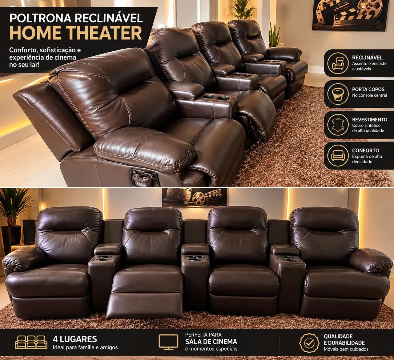  conjunto de cinema, automático com 4 poltronas retráteis e reclináveis de couro legítimo 
