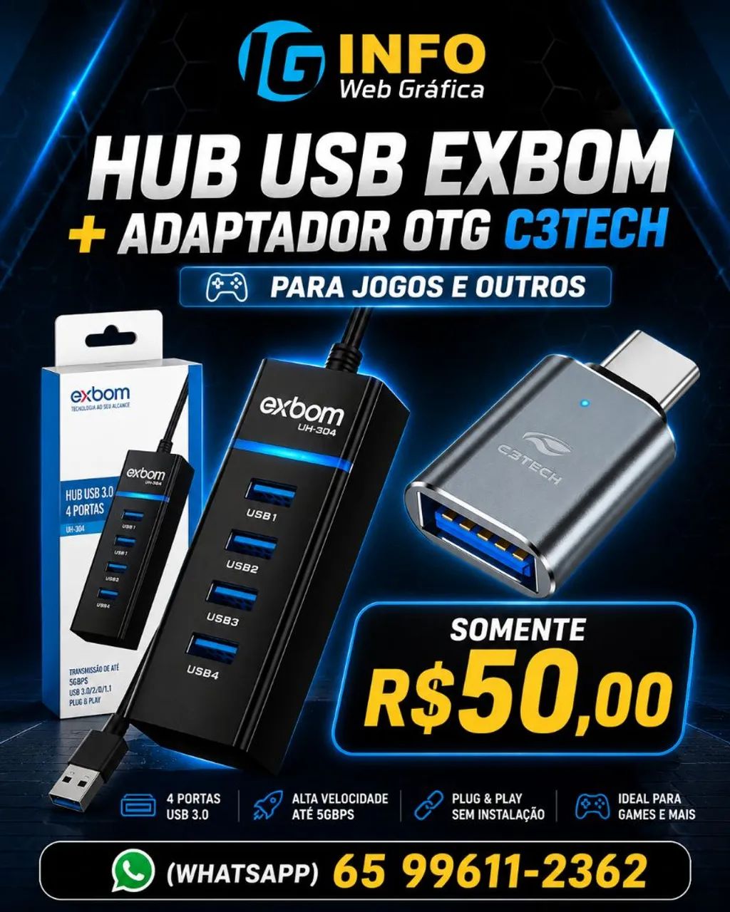 Hub usb Exbom + Adaptador OTG C3TECH