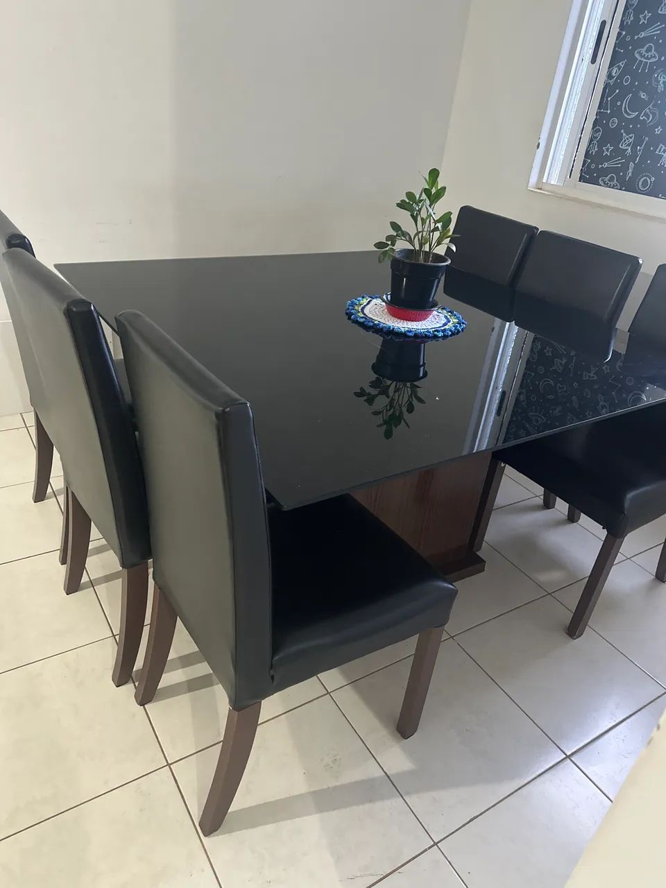 Black Glass Square Table and 6 Leather Chairs