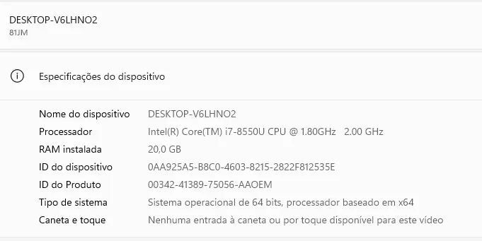 Notebook Lenovo i7 8ª Geração - 20GB RAM - SSD 480GB + 1TB HD