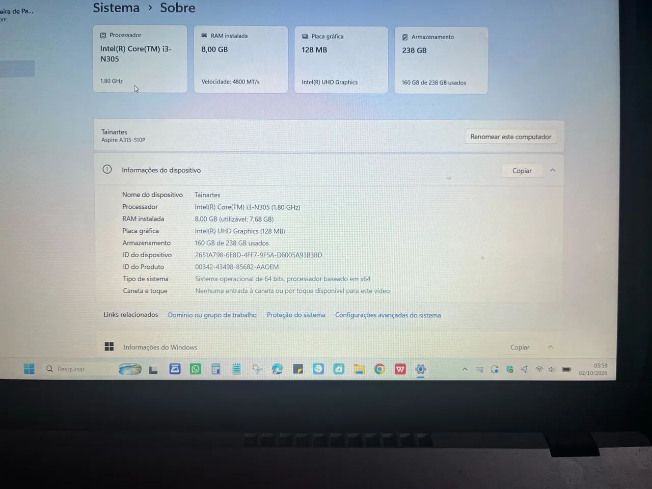 NOTBOOK ACER ASPIRE I03 N305  - Foto 3