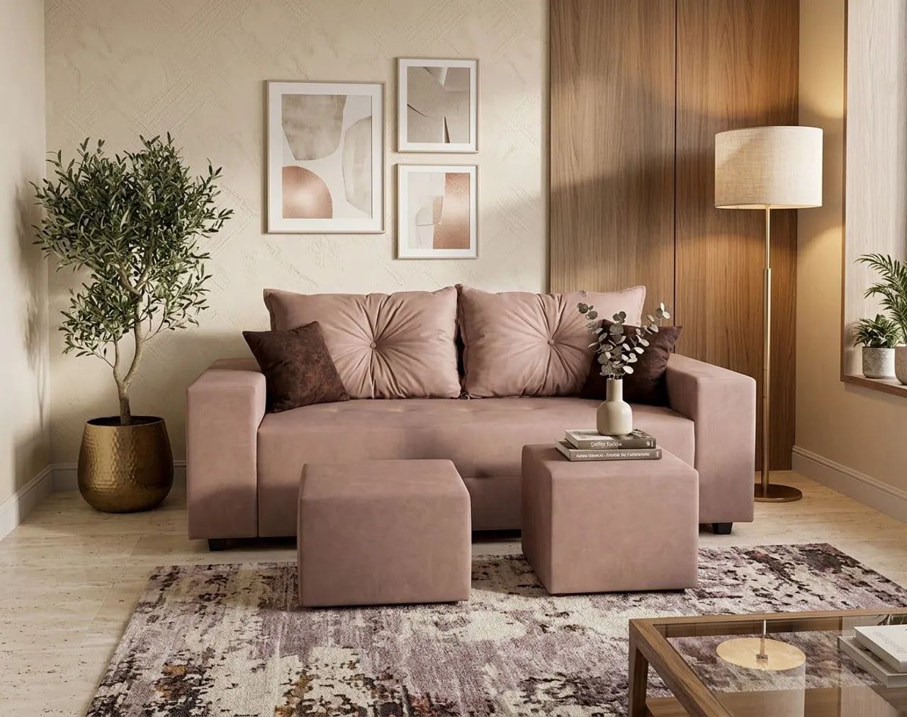 Sofá quadrado 3 lugares com centro, puff e almofadas decorativas grátis 