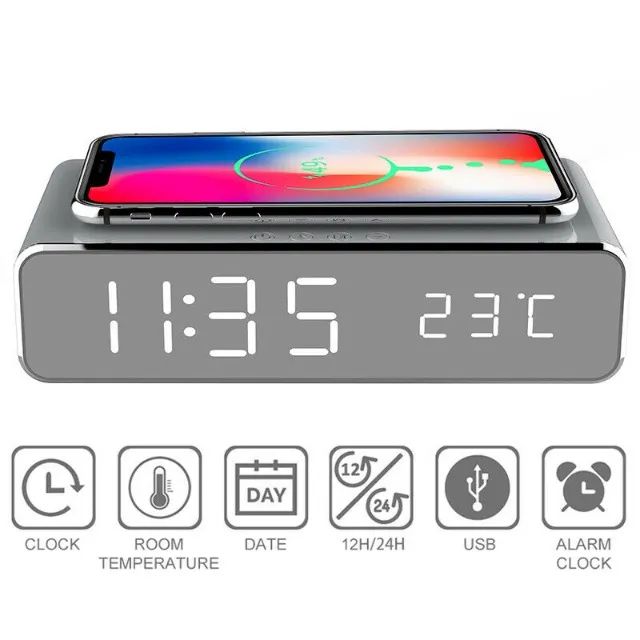 Relógio De Mesa Digital Led E Carregador Wireless Sem Fio - Foto 4