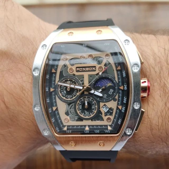 Relógio FoxBox Prata e Bronze Aço Inox - Silicone