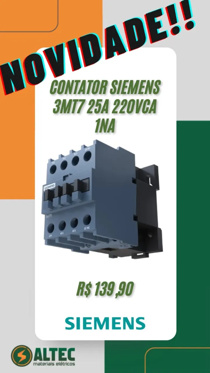 Contatora tripolar Siemens 3MT7 25A 220VCA 1NA