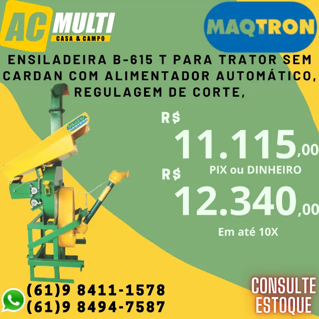 Ensiladeira B-615 T para trator SEM cardan com alimentador automático, regulagem de corte,
