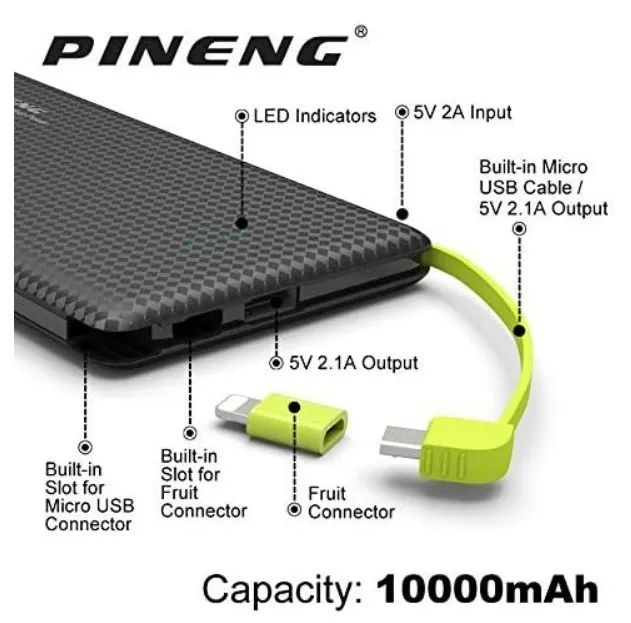 Carregador Portátil 10.000 MAh Original Pineng Power Bank Slim