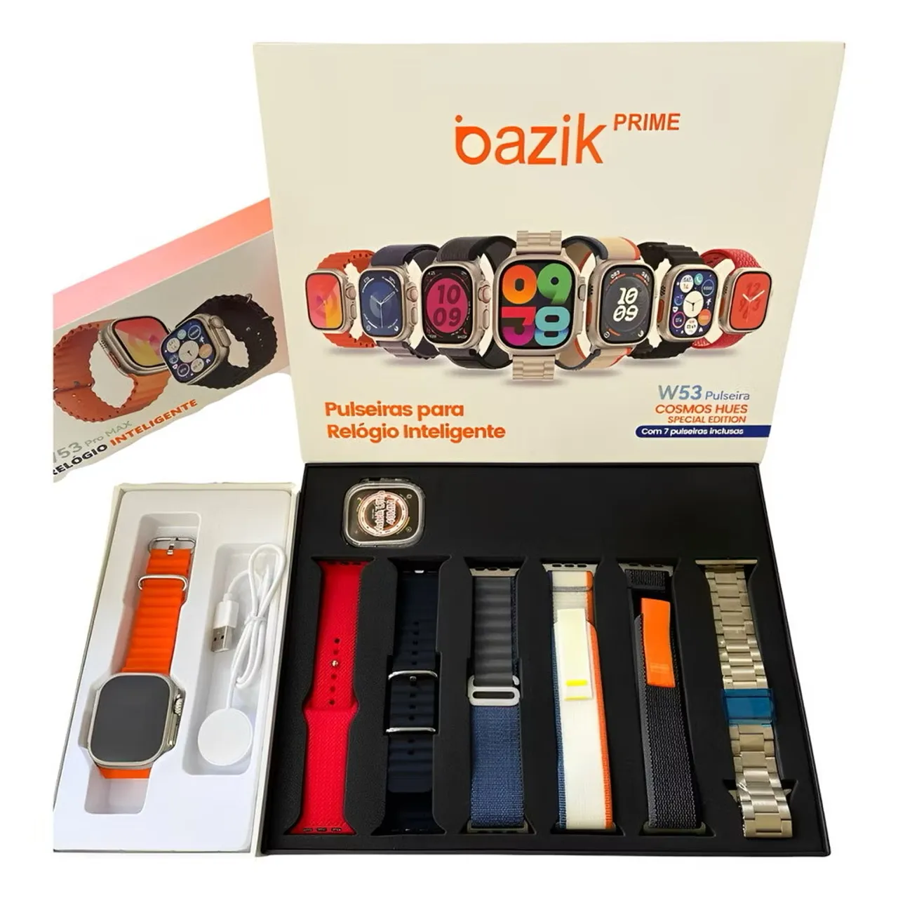 SmartWatch Basike Prime W53 pro max + Kit Com 7 Pulseiras