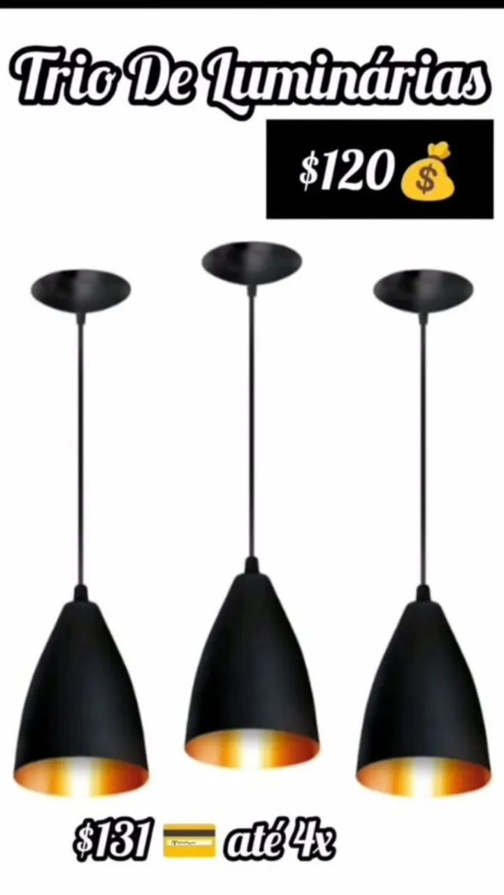 Trio de Luminárias Pendentes Preta