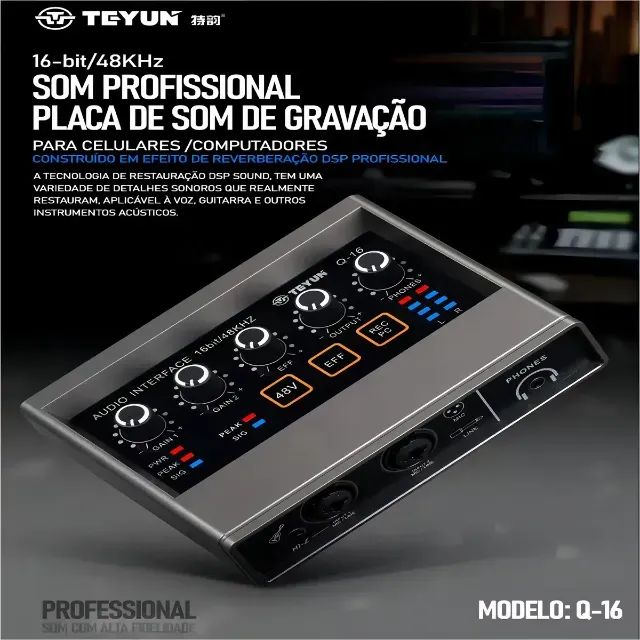 Interface de Áudio USB Teyun Q-16 Placa de Som com DSP Preto - Foto 4