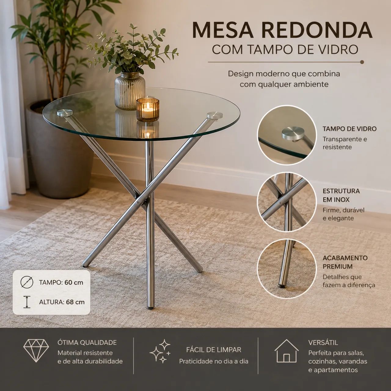 Mesa de Vidro Redonda com Base em Inox - Foto 4