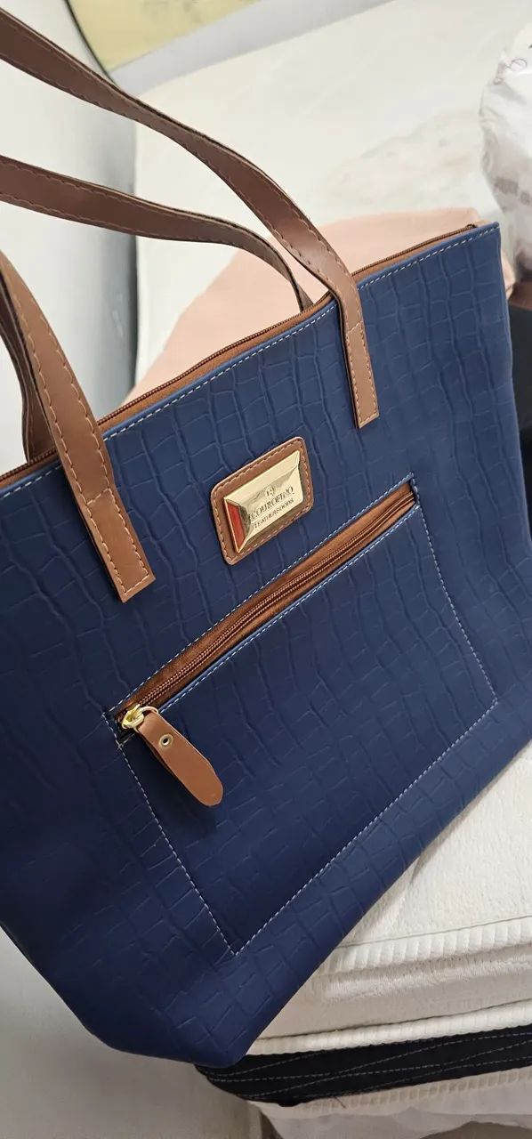 Bolsa couro fino elegante azul escuro (nova) - Foto 5