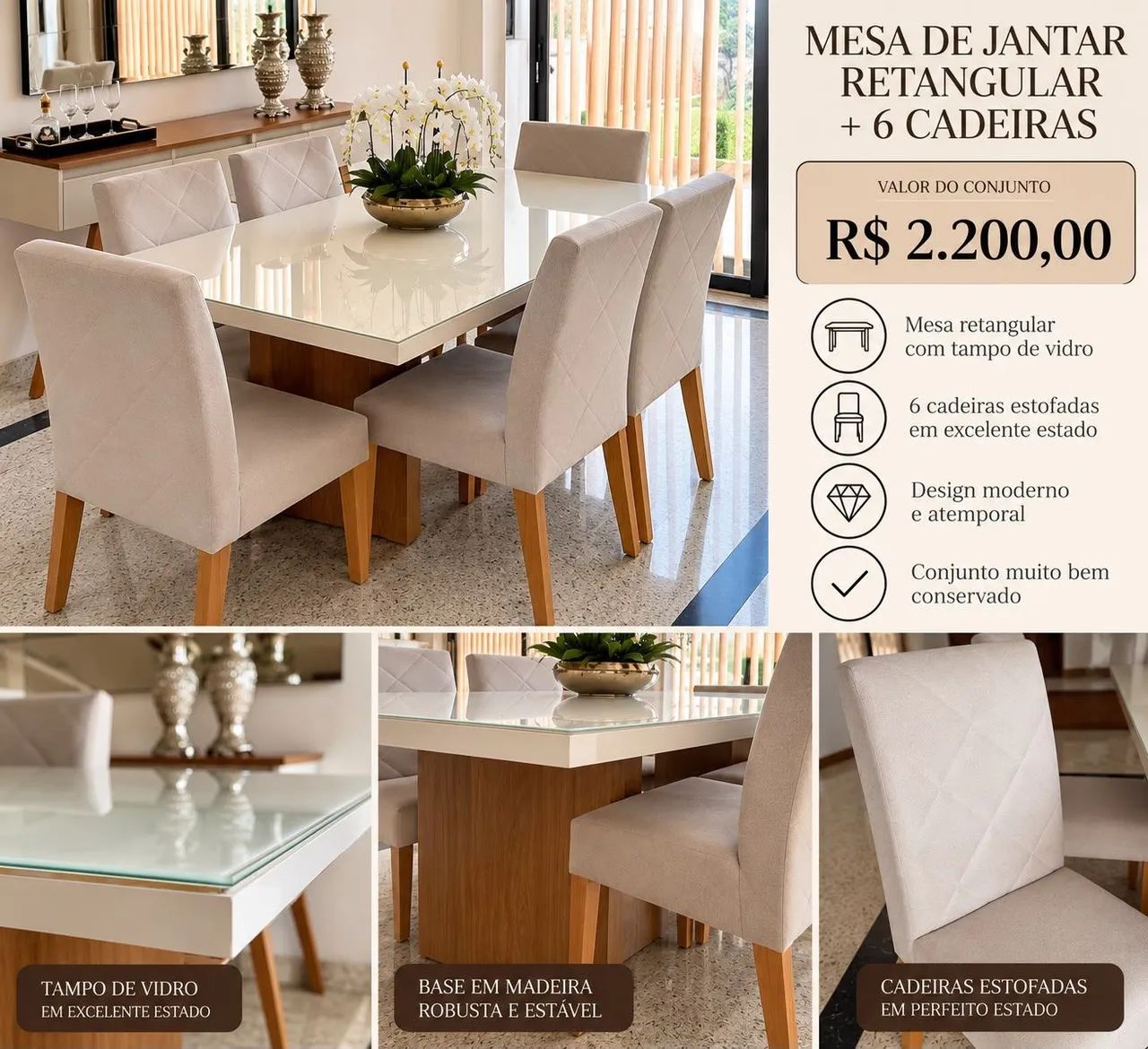 Conjunto Mesa de jantar regular + 6 cadeiras + aparador - Foto 2