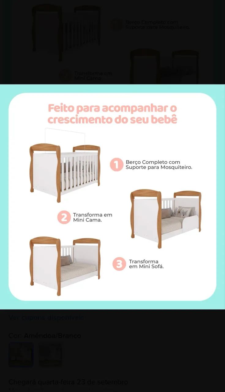 Quarto bebê berço marquesa 3 em 1 cômoda e guarda roupa 4 portas - Foto 2