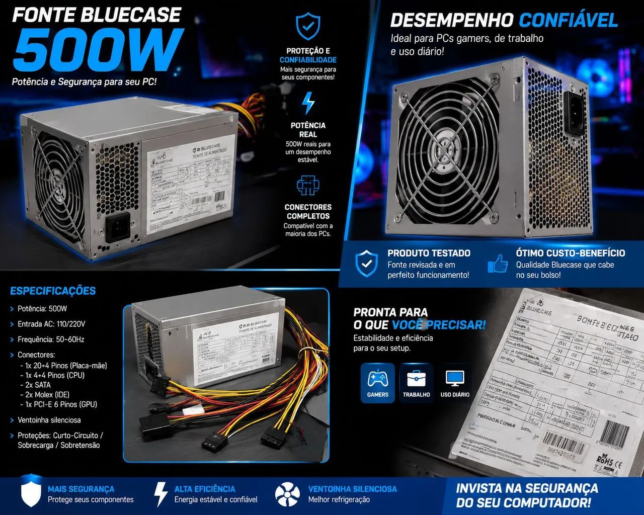 ? Fonte Bluecase 500W | Funcionando Perfeitamente | Ótimo Custo-Benefício