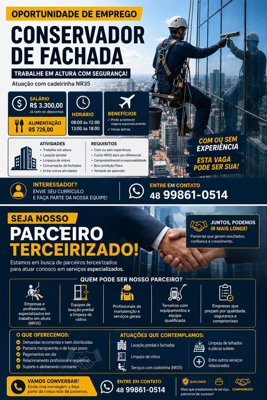 Trabalho em altura - oportunidade CLT ou Terceirizado