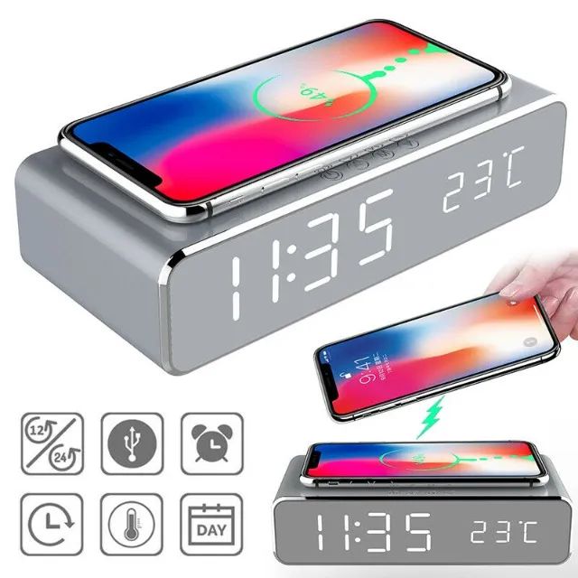 Relógio De Mesa Digital Led E Carregador Wireless Sem Fio - Foto 2